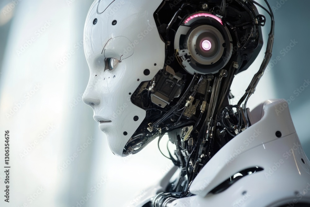 Detailed White Android with Visible Wiring and Internal Mechanisms in Soft Lighting Detailed White Android with Visible Wiring and Internal Mechanisms in Soft Lighting