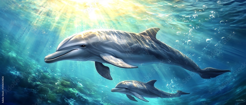 Obraz premium Mother dolphin glide effortlessly through crystal clear blue water her calf swimming closely her side Sunlight dance through wave creating mesmerizing underwater spectacle Ultra HD water reflection