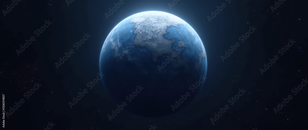 Fototapeta premium A realistic abstract depiction of a spinning planet with a blue water surface, set against the infinite stars of space, offering a cosmic, serene vibe.