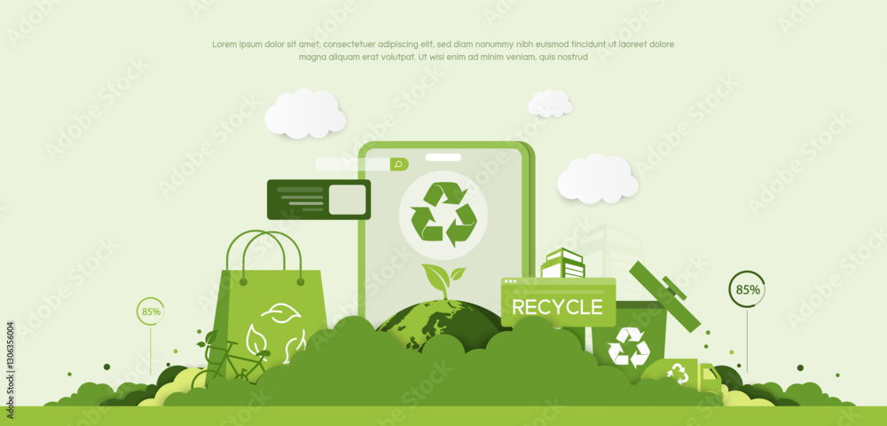 Fototapeta premium Recycle, save the world and energy concept, green energy, sustainable environment, environmental conservation, renewable energy, clean energy, zero waste, green paper and vector illustration
