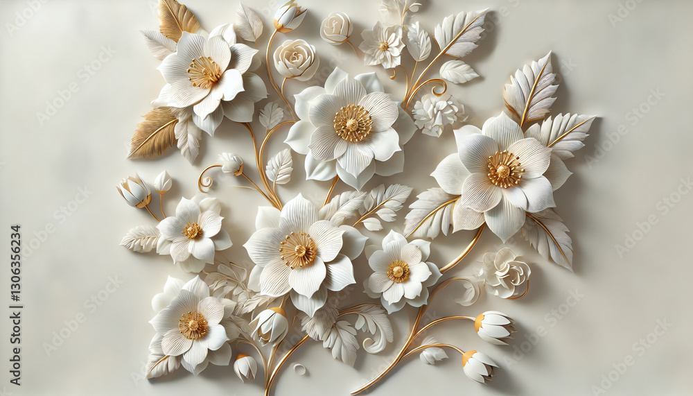 A delicate and artistic 3D floral composition featuring elegant white flowers with subtle gold accents A delicate and artistic 3D floral composition featuring elegant white flowers with subtle gold accents