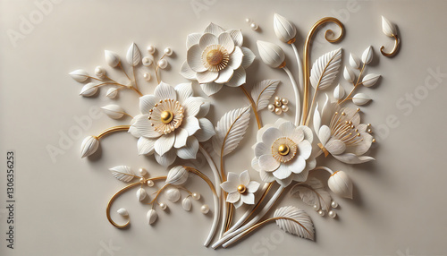 A delicate and artistic 3D floral composition featuring elegant white flowers with subtle gold accents