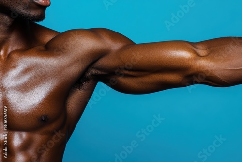 A muscular arm is extended against a vibrant blue background, showcasing strength and athleticism.