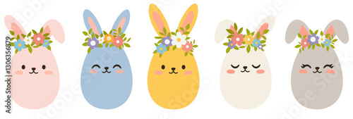Set of cute Easter eggs with bunny ears and flower wreath. Great for cards, banners, wallpapers, invitations, covers. Flat vector illustration isolated on white background.