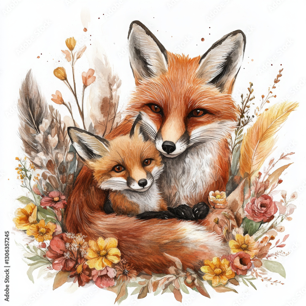 Obraz premium mother fox and her cub surrounded by colorful flowers and foliage