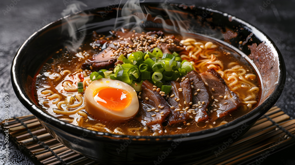 A Delicious Bowl of Ramen with Soft-Boiled Egg and Sliced Beef A Delicious Bowl of Ramen with Soft-Boiled Egg and Sliced Beef