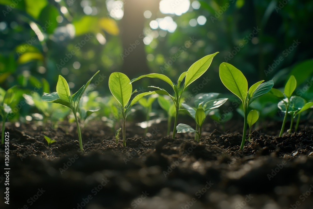 In the garden, young seedlings sprout from rich soil and shoot upward towards the sunlight in spring. In the garden, young seedlings sprout from rich soil and shoot upward towards the sunlight in spring.