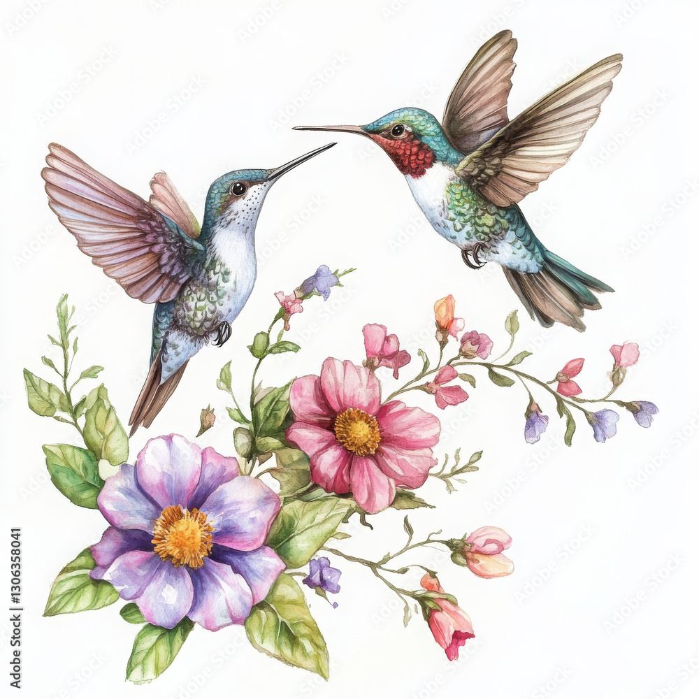 Obraz premium Beautiful hummingbirds surrounded by colorful flowers in vibrant illustration