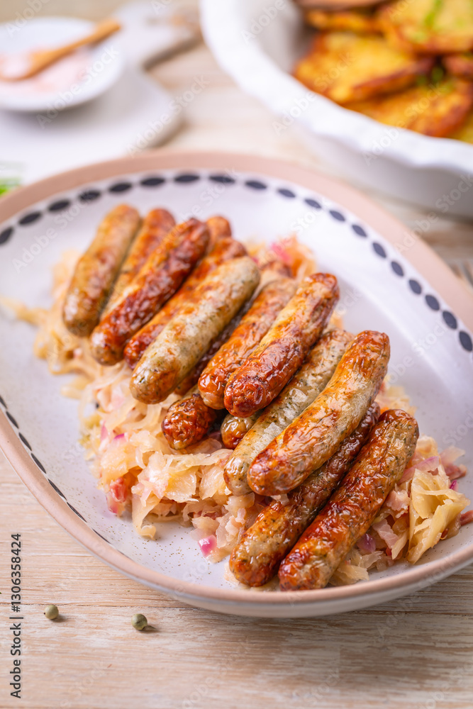 Nuremberg grilled small sausages with sauerkraut and crispy potato pancakes Nuremberg grilled small sausages with sauerkraut and crispy potato pancakes