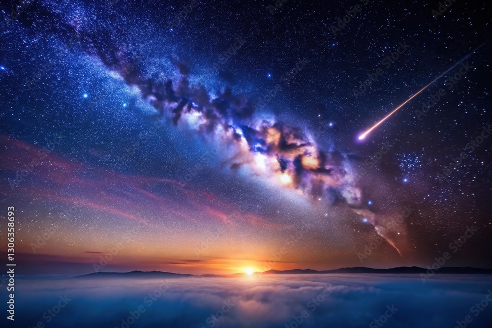 A Celestial Symphony Shooting Star Streaking Across a Vibrant Milky Way Galaxy Above a Misty Sunrise A Celestial Symphony Shooting Star Streaking Across a Vibrant Milky Way Galaxy Above a Misty Sunrise