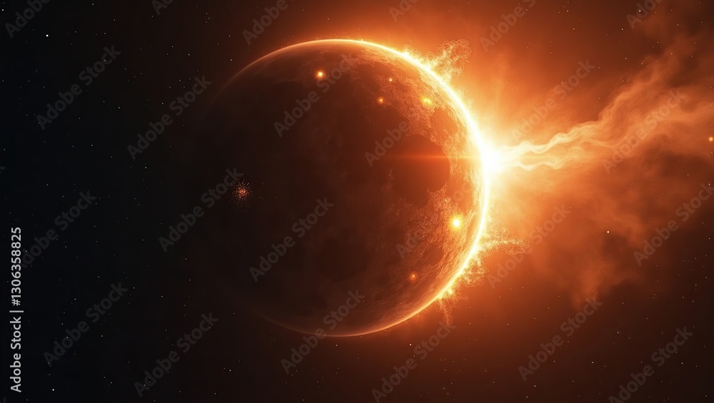 Fototapeta premium A stunning visual of a celestial body being struck by a crater, revealing cosmic power and the intricate beauty of celestial geology and forces at play.