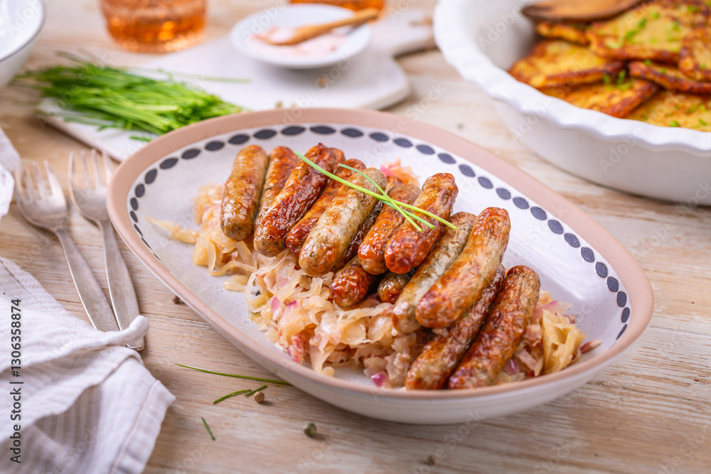 Nuremberg grilled small sausages with sauerkraut and crispy potato pancakes Nuremberg grilled small sausages with sauerkraut and crispy potato pancakes