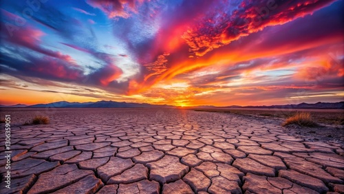 Fiery Sunset over a Cracked Earth Landscape, a Dramatic Display of Nature's Hues