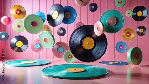 A vibrant display of colorful vinyl records floating against a pink backdrop, creating a dynamic and playful visual composition.