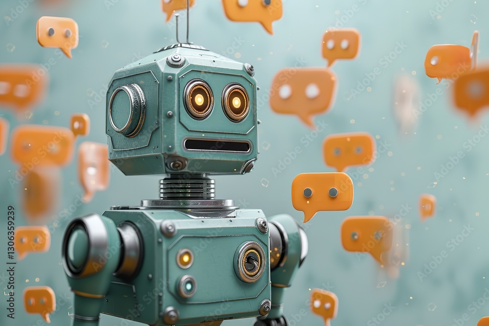 Fototapeta premium Artificial intelligence chatbot theory,&nbsp;an ecologic robot with a mechanical feel encircled by conversation signs, Generative AI.