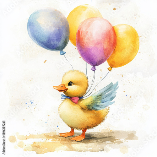 cute duckling holding colorful balloons in whimsical style