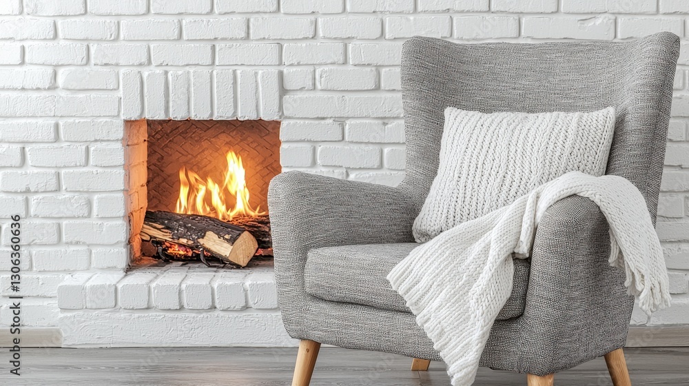 Fototapeta premium Cozy Living Room with Stylish Armchair and Warm Fireplace Glow