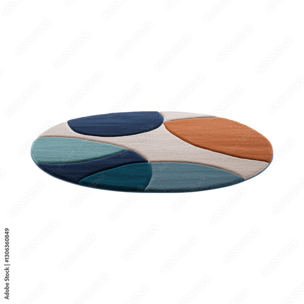 A vibrant, oval rug featuring a modern design with colorful abstract shapes in blue, teal, and orange hues. A vibrant, oval rug featuring a modern design with colorful abstract shapes in blue, teal, and orange hues.