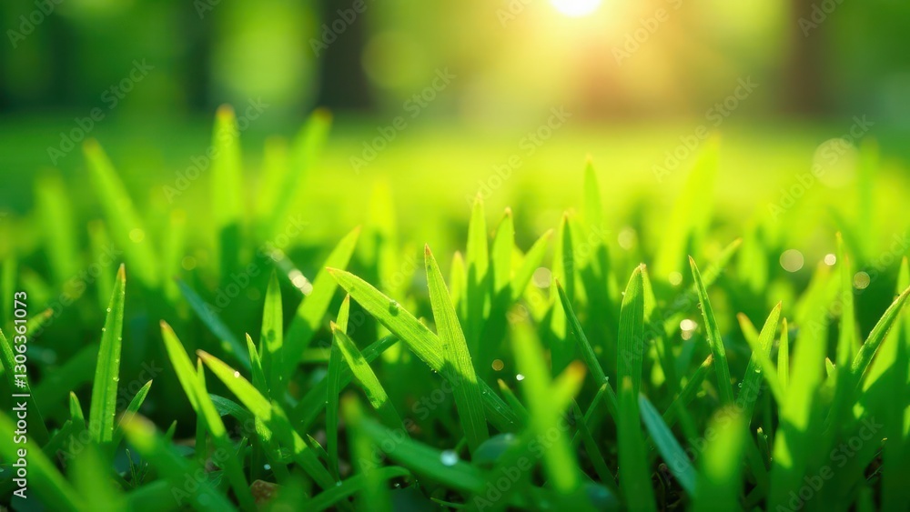 Fototapeta premium Vibrant Green Blades of Grass Illuminated by Warm Sunlight in a Lush Meadow