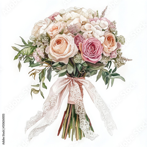 beautiful bouquet of roses and hydrangeas tied with lace ribbon, perfect for weddings
