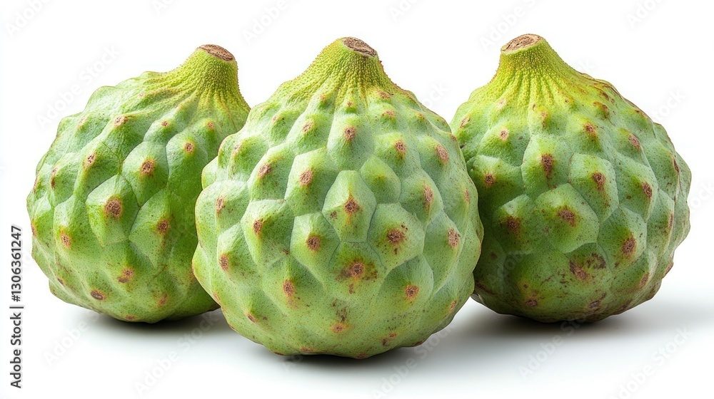 Fototapeta premium Three Fresh Green Cherimoya Fruits Isolated on White Background
