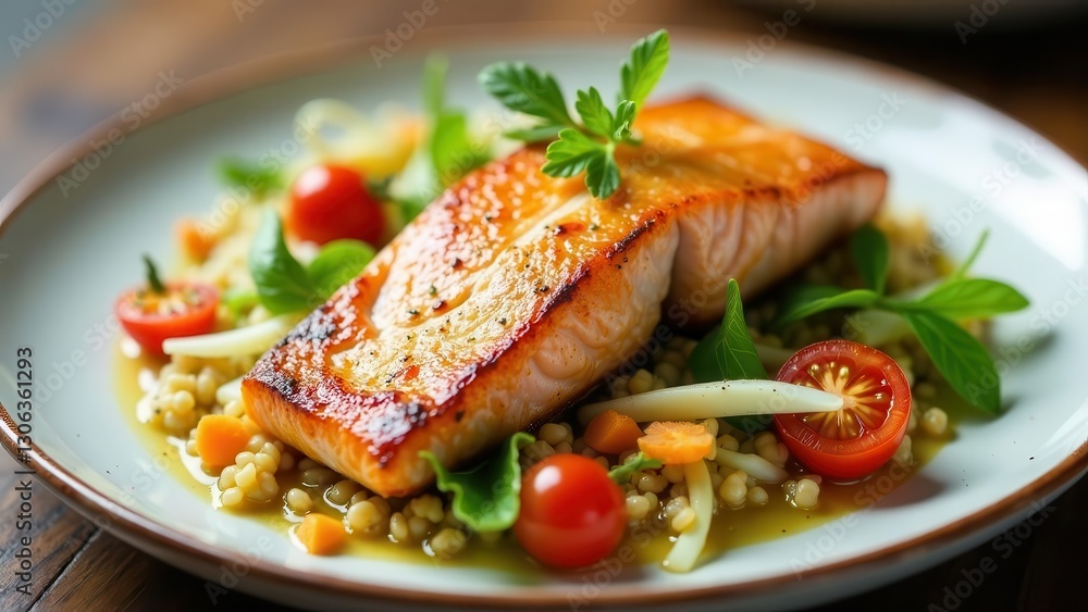 Pan-Seared Salmon Fillet with Pearl Barley and Fresh Herbs on a Plate Pan-Seared Salmon Fillet with Pearl Barley and Fresh Herbs on a Plate