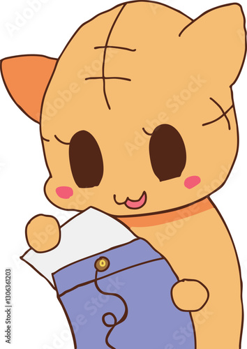 封筒から書類を取り出す猫