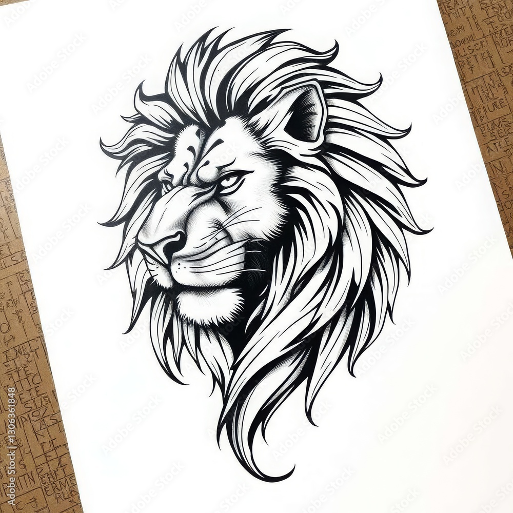 Fototapeta premium Profile of a lion head in detailed black and white art