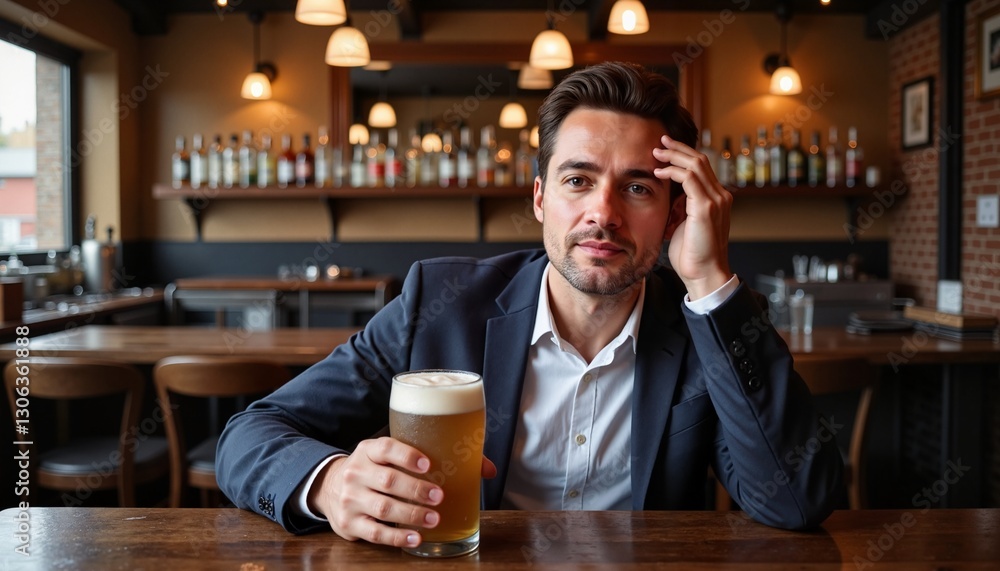 Wearied businessman enjoying beer at rustic bar, reflection on life Wearied businessman enjoying beer at rustic bar, reflection on life