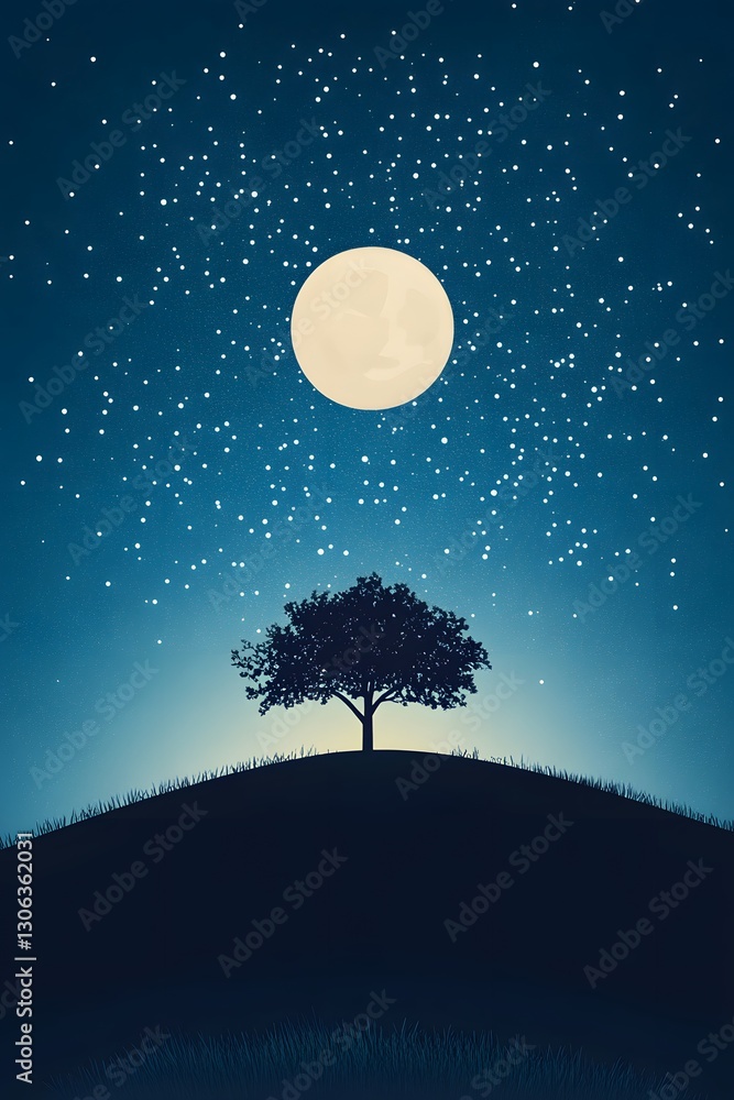 Naklejka premium Silhouette tree moonlit hill at night