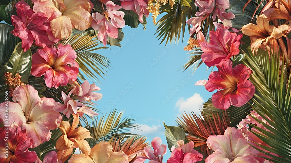 Naklejka premium Vibrant Pink Tropical Flowers and Palm Leaves Frame Blue Sky