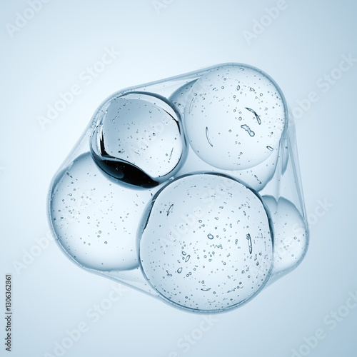 Schilderij op canvas Various transparent spheres hover in a clear fluid, showcasing unique reflections and bubbles