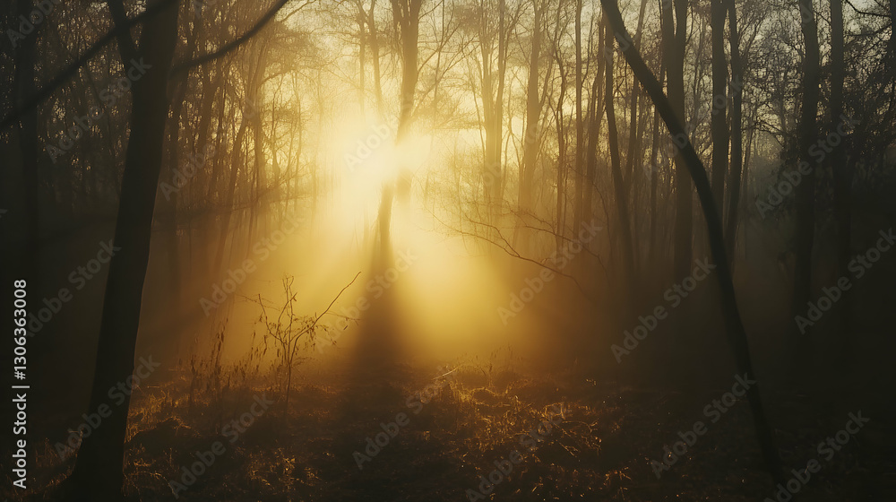 Obraz premium Ephemeral glow through the forest landscape in autumn morning, with a foggy and mystical nature