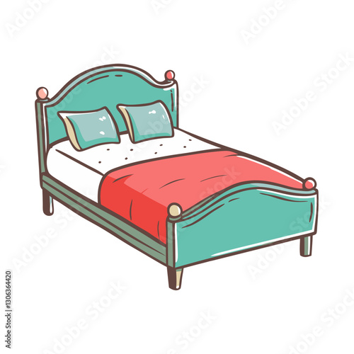 Vintage-style bed with green and red bedding