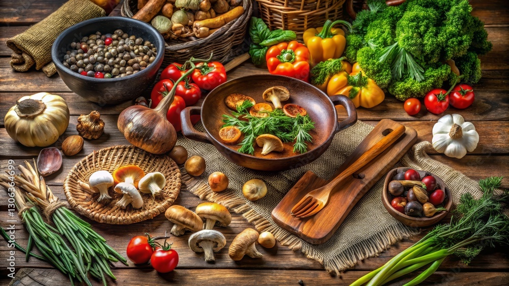 Rustic Still Life Featuring an Array of Fresh Vegetables, Herbs, and Mushrooms Arranged on a Wooden Tabletop Rustic Still Life Featuring an Array of Fresh Vegetables, Herbs, and Mushrooms Arranged on a Wooden Tabletop