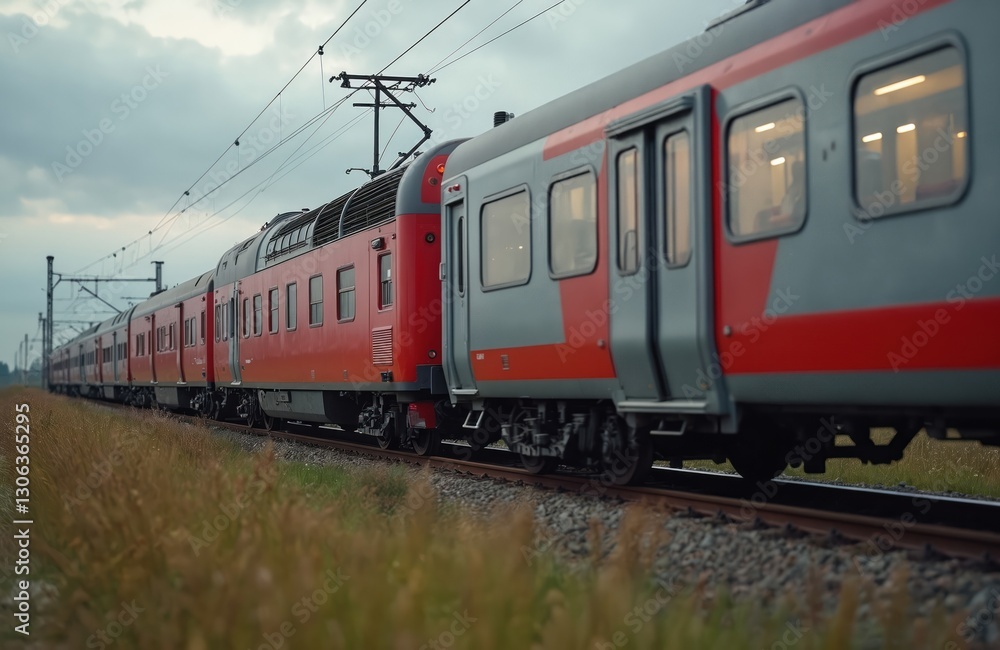 Naklejka premium Modern commuter passenger train runs in rural area on cloudy day. Red german slovenian made passenger train on railway tracks. Electric multiple unit vehicle. Public transportation, rail transport,