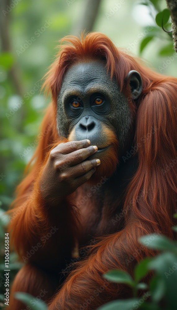Majestic ora dev gazes thoughtfully, surrounded by vibrant green foliage in a tranquil jungle setting during golden hour Majestic ora dev gazes thoughtfully, surrounded by vibrant green foliage in a tranquil jungle setting during golden hour