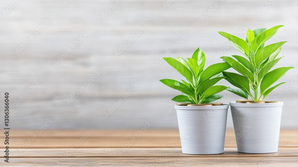 Two potted plants on a wooden table with business concept text and depth of field focus effect Two potted plants on a wooden table with business concept text and depth of field focus effect