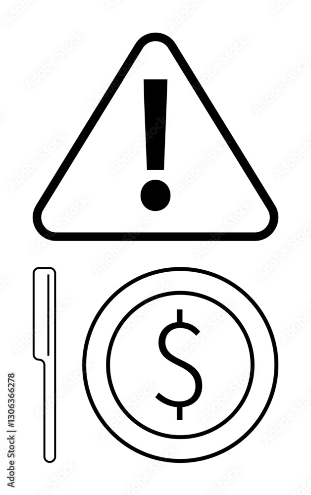 Exclamation mark in triangle atop dollar sign on plate with fork, signaling caution regarding food costs. Ideal for budgeting, finance, warning, food industry, economics, communication safety. Flat Exclamation mark in triangle atop dollar sign on plate with fork, signaling caution regarding food costs. Ideal for budgeting, finance, warning, food industry, economics, communication safety. Flat
