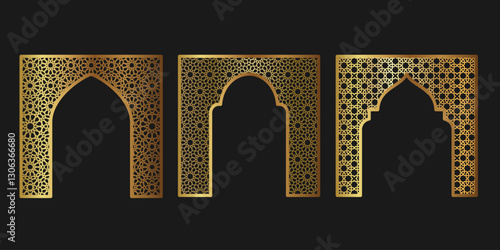 Frame gold shape set. Islamic door window and arch design. Oriental architecture elements template. Vector illustration