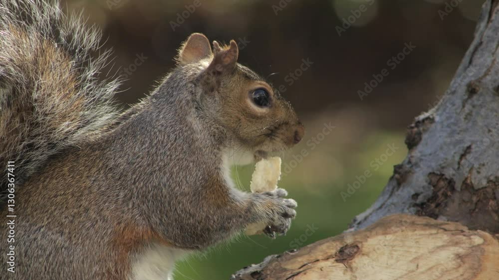 Grey Squirrel Close Up Eating A Piece Of Bread Perched On A Tree Trunk Then Runs Away Sunny Daytime Borehamwood Hertfordshire UK Grey Squirrel Close Up Eating A Piece Of Bread Perched On A Tree Trunk Then Runs Away Sunny Daytime Borehamwood Hertfordshire UK