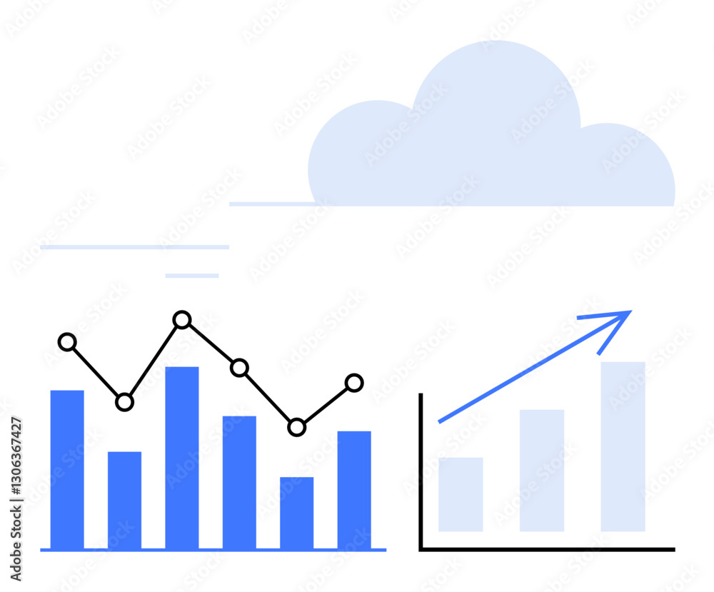Bar chart, line graph, upward arrow, and cloud. Ideal for data visualization, growth tracking, business trends, technology integration cloud computing analytics success metrics. Flat simple Bar chart, line graph, upward arrow, and cloud. Ideal for data visualization, growth tracking, business trends, technology integration cloud computing analytics success metrics. Flat simple