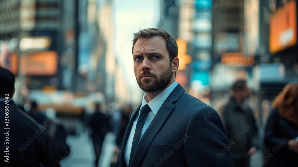 serious thoughtful Caucasian businessman in business suit being on the street of a big city among people, concept unemployment, financial crisis serious thoughtful Caucasian businessman in business suit being on the street of a big city among people, concept unemployment, financial crisis