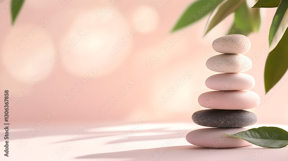 Obraz premium Light pink gradient background with a zen stone stack and a leaf