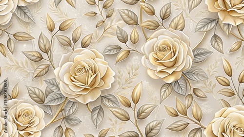 Elegant Beige Roses and Gilded Foliage Seamless Pattern Design for Home Decor