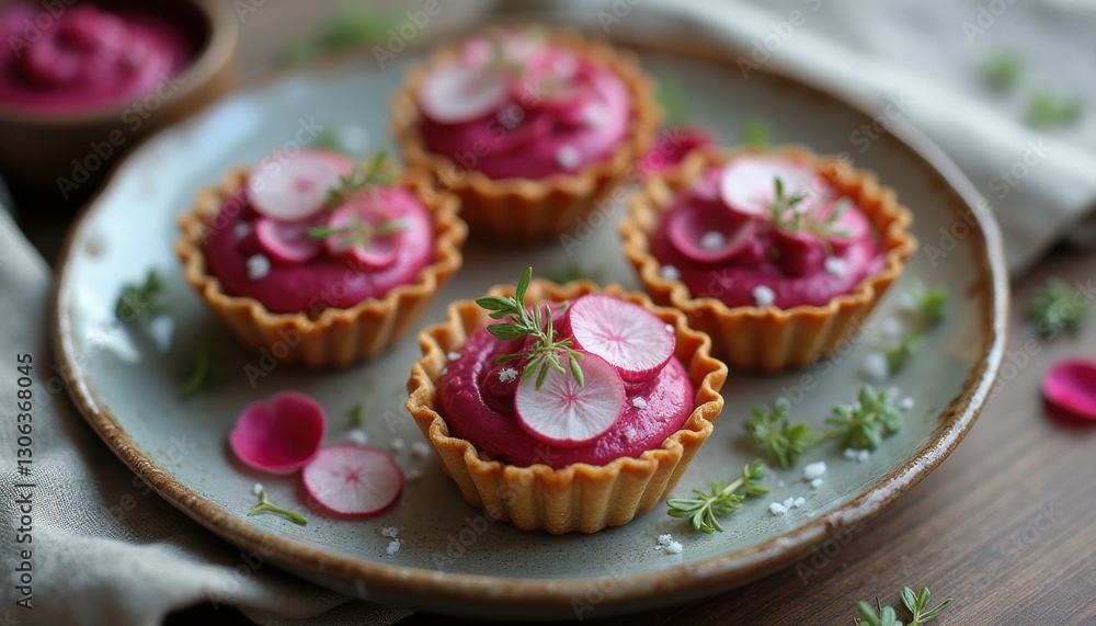 Delicious berry tarts decorated with radishes and herbs on a rustic plate Delicious berry tarts decorated with radishes and herbs on a rustic plate