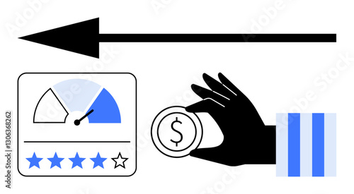 Hand holding coin, star ratings display, performance gauge, and directional arrow. Ideal for customer feedback, business performance, financial decisions, user reviews, quality evaluation direction