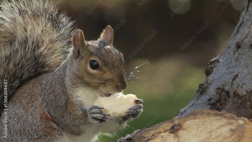 Grey Squirrel Holding And Eating A Piece Of Bread Perched On A Tree Trunk Close Up Sunny Daytime Borehamwood Hertfordshire UK Grey Squirrel Holding And Eating A Piece Of Bread Perched On A Tree Trunk Close Up Sunny Daytime Borehamwood Hertfordshire UK
