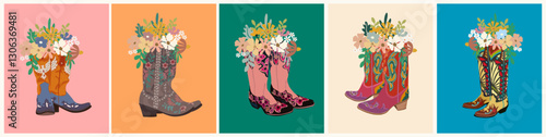 Set of different Cowboy boots with flowers. Collection of Vintage Cowgirl boots with Wild West ornaments. Hand drawn trendy Vector illustrations isolated on colorful backgrounds.