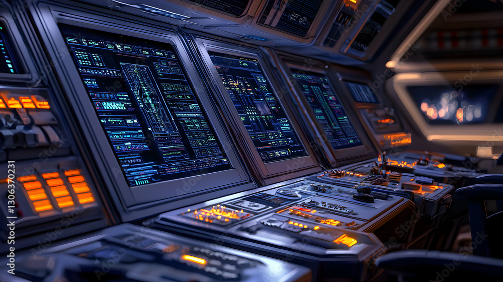 Obraz premium Control room action spaceship interior digital interface sci-fi environment close-up view futuristic technology